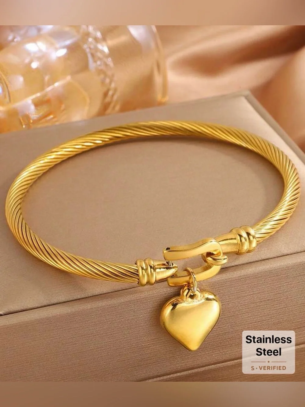 Western Horseshoe Gold Heart Charm Cable Bangle Bracelet - Women Jewelry